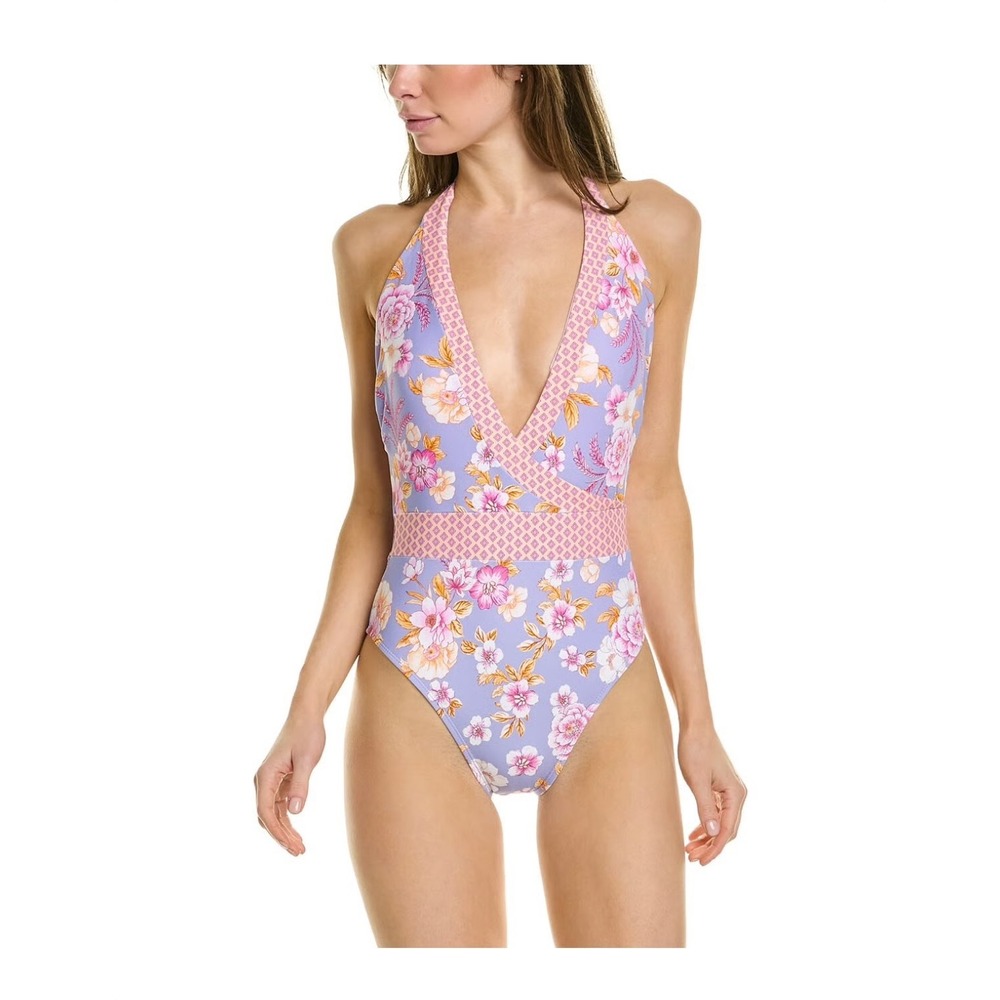 Nanette Lepore Floral Halter One Piece Swimsuit Purple Periwinkle Size 8